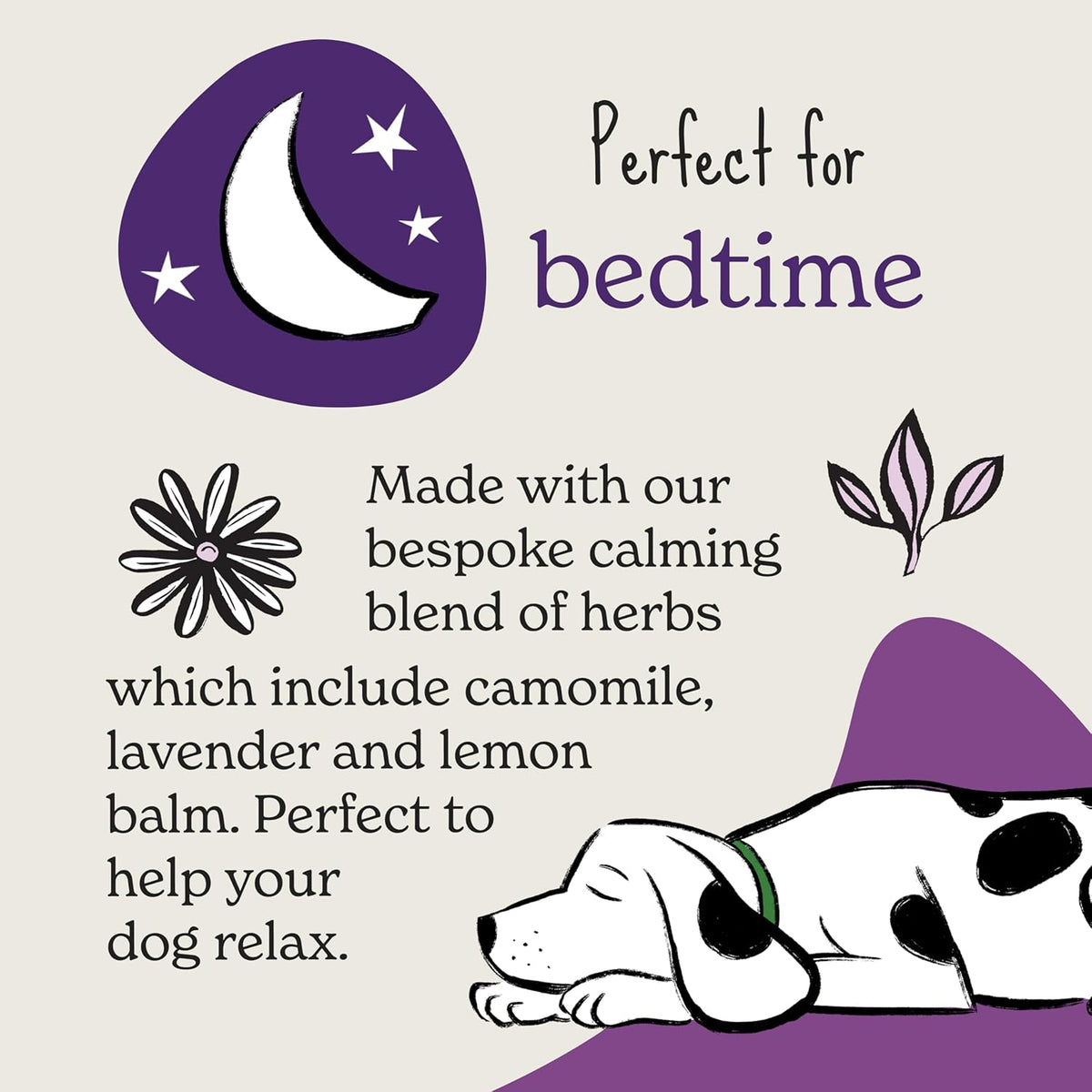 Natural Dog Treats (4 X 90G Bags) - Hypoallergenic & Grain Free Calming Dog Treats with Camomile, Lavender & Lemon Balm, Soft Bites, Resealable Bags