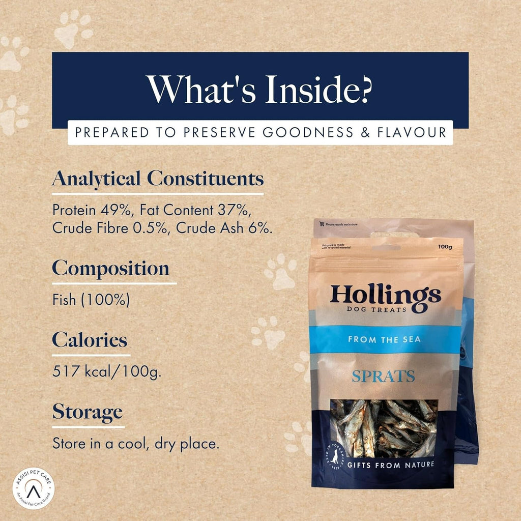 HOLLINGS SPRATS DOG TREATS 100% NATURAL FISH AIR DRIED DOG TREATS 500G TUB