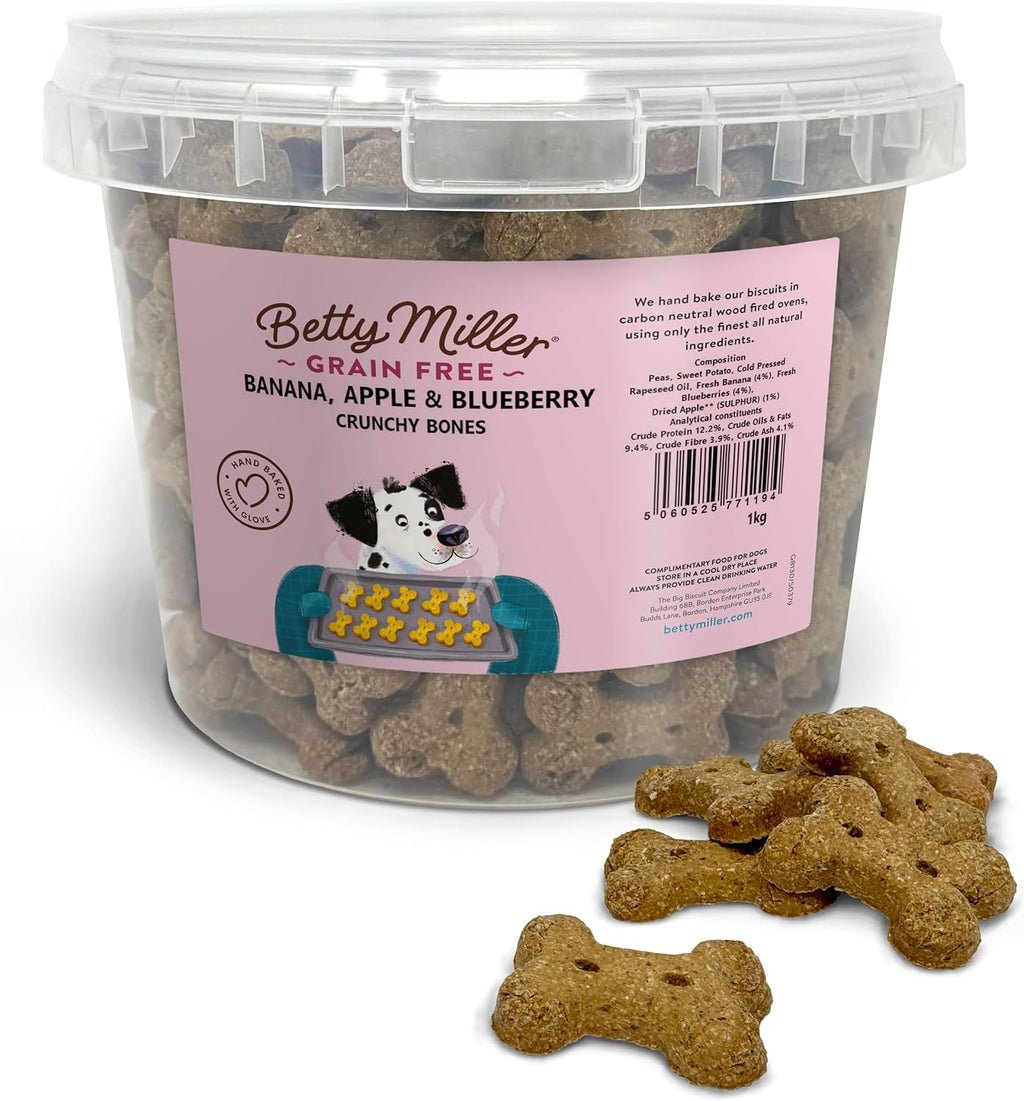 Grain Free Dog Treats - Banana, Apple & Blueberry Bones - 1Kg Bulk Dog Treats - British Baked Dog Biscuits