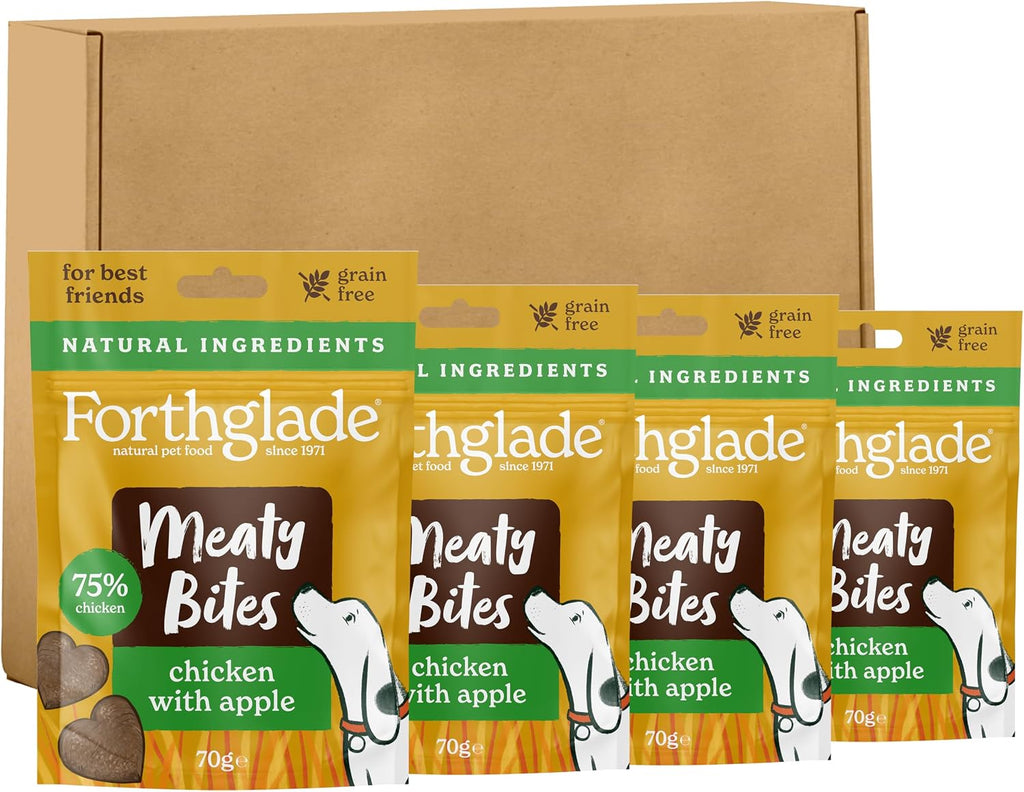 Meaty Bites (4 X 70G Bags) - Hypoallergenic & Grain Free Dog Treats with Chicken & Apple, Natural Dog Treats with 75% Chicken, Resealable Bags