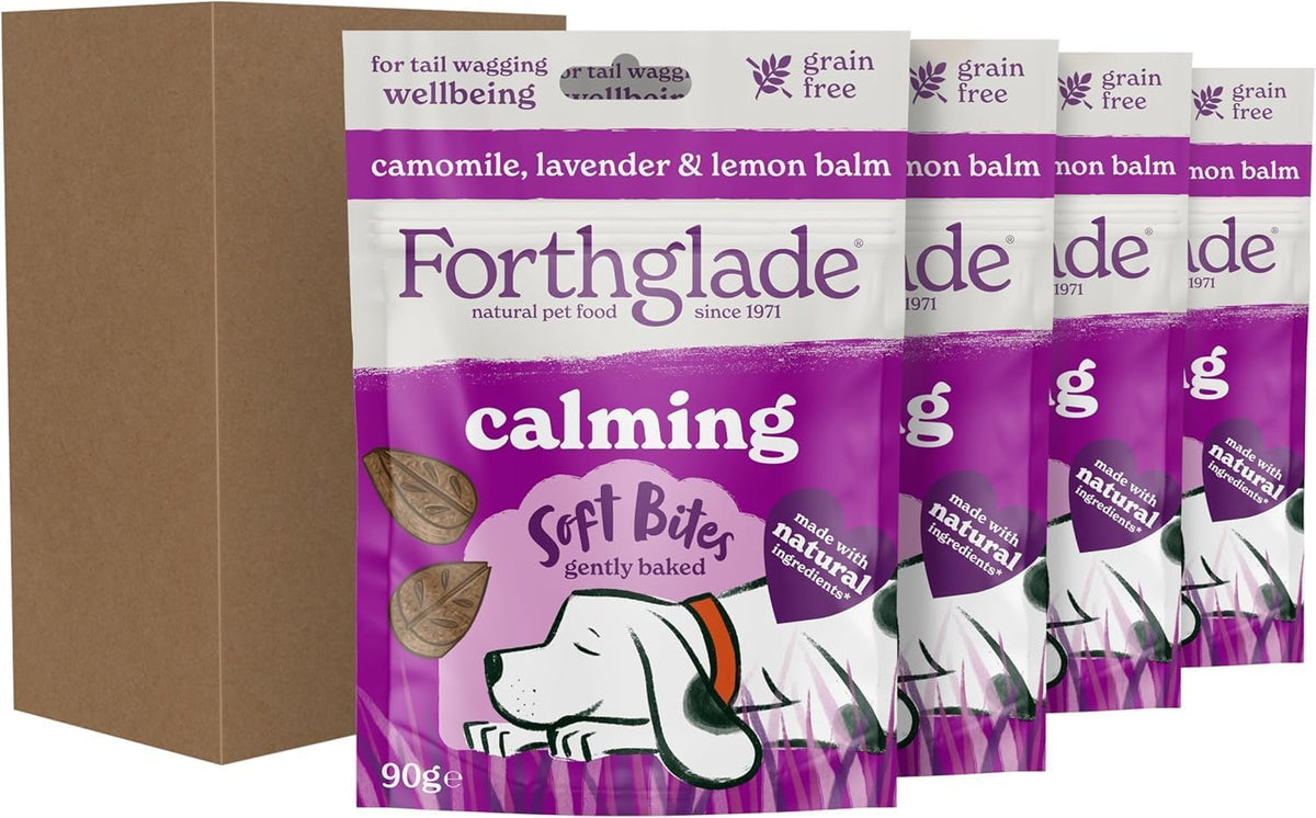 Natural Dog Treats (4 X 90G Bags) - Hypoallergenic & Grain Free Calming Dog Treats with Camomile, Lavender & Lemon Balm, Soft Bites, Resealable Bags