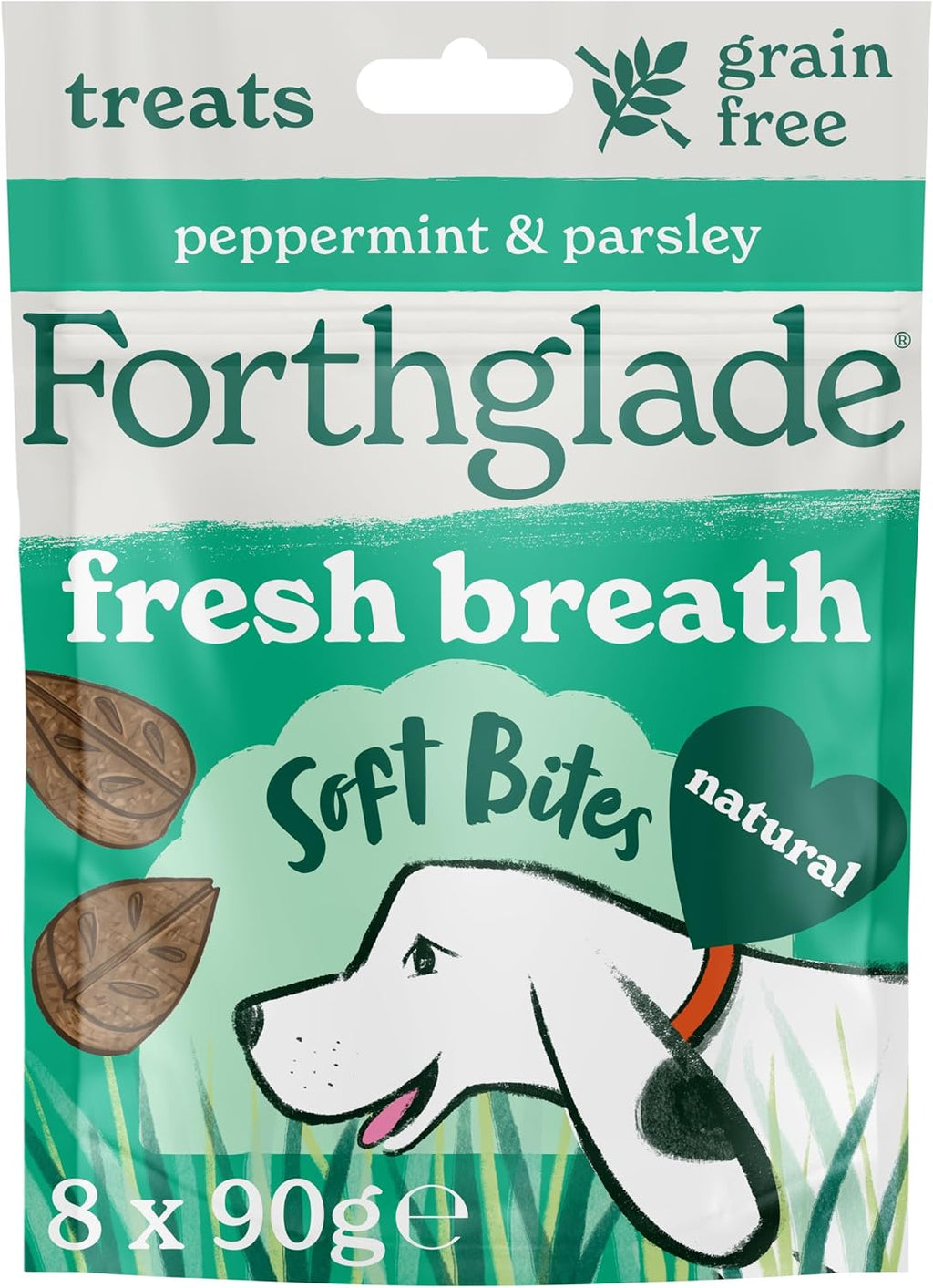 Natural Dog Treats (8 X 90G Bags) - Hypoallergenic & Grain Free Dog Treats with Chicken, Peppermint & Parsley, Fresh Breath Soft Bites, Resealable Bags