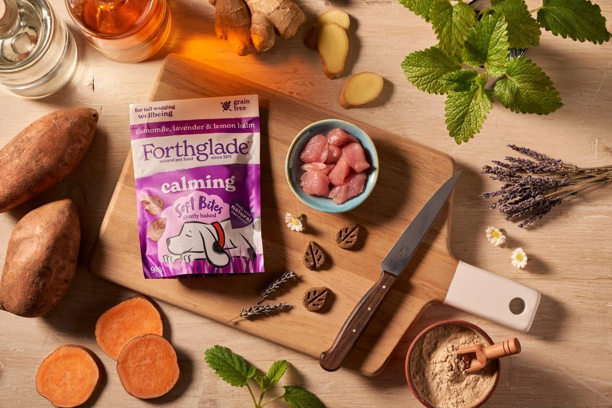 Natural Dog Treats (4 X 90G Bags) - Hypoallergenic & Grain Free Calming Dog Treats with Camomile, Lavender & Lemon Balm, Soft Bites, Resealable Bags