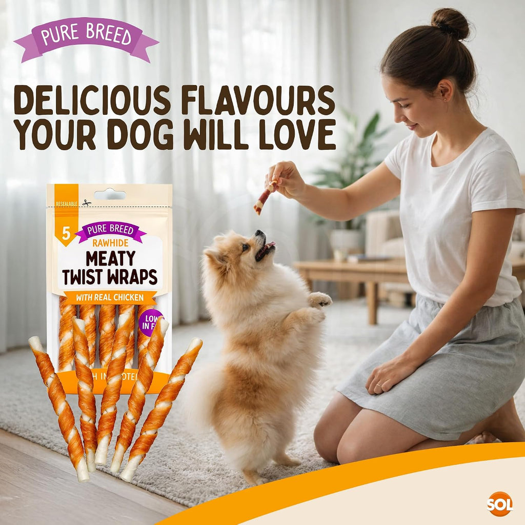 Pure Breed 10X Chicken Twists Dog Treats for Medium Dogs in 2X Resealable 50G Bags Meaty Chicken Chews Low Fat High Protein Training Pup Rewards for Travel & Walks Tasty Rawhide Chew Sticks 2Pk X 5