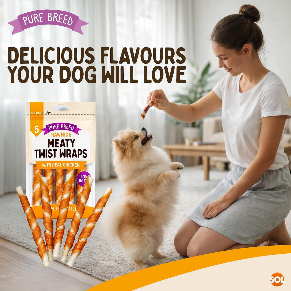 Pure Breed 10X Chicken Twists Dog Treats for Medium Dogs in 2X Resealable 50G Bags Meaty Chicken Chews Low Fat High Protein Training Pup Rewards for Travel & Walks Tasty Rawhide Chew Sticks 2Pk X 5