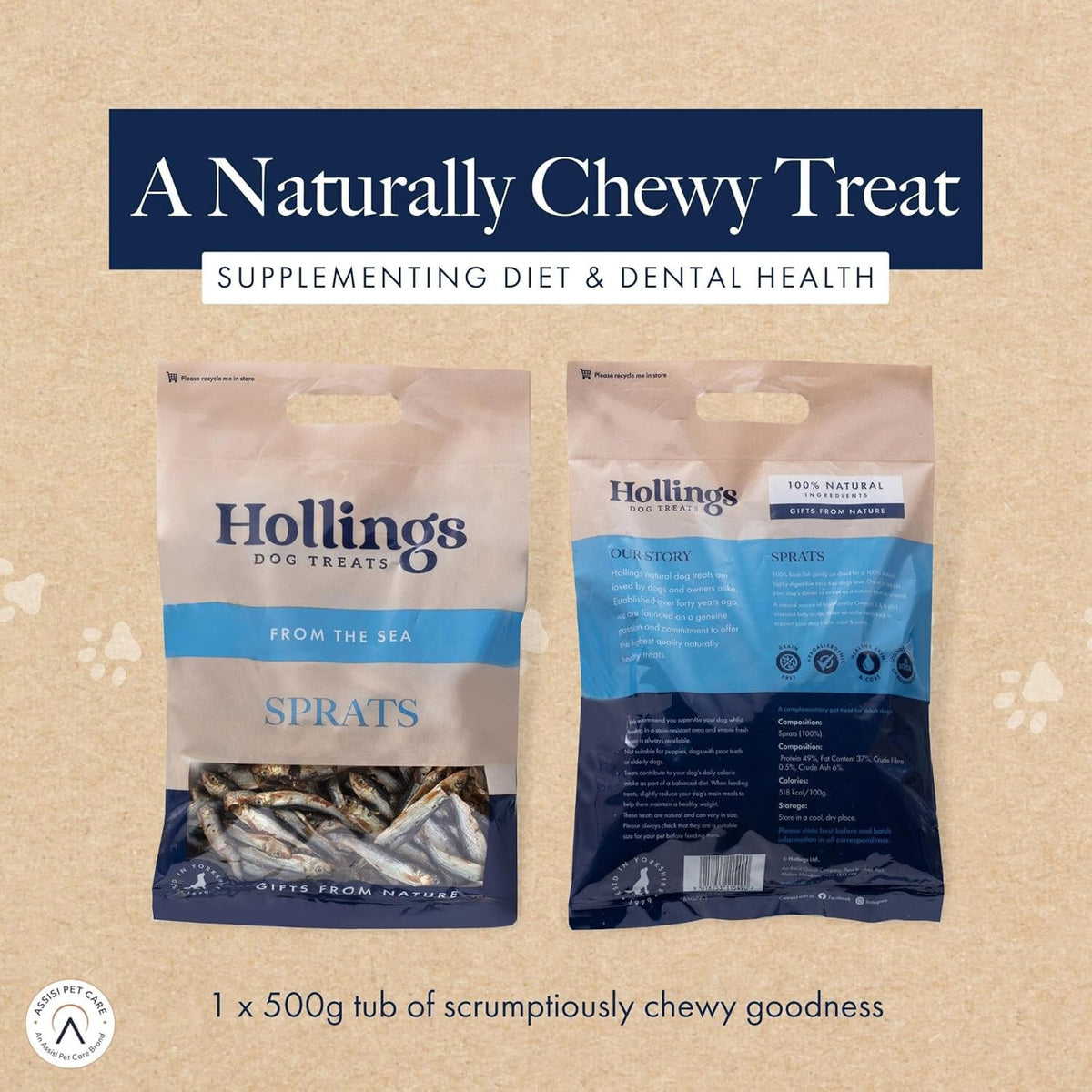 HOLLINGS SPRATS DOG TREATS 100% NATURAL FISH AIR DRIED DOG TREATS 500G TUB