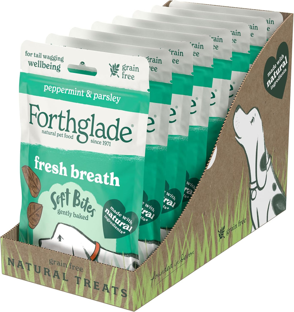 Natural Dog Treats (8 X 90G Bags) - Hypoallergenic & Grain Free Dog Treats with Chicken, Peppermint & Parsley, Fresh Breath Soft Bites, Resealable Bags