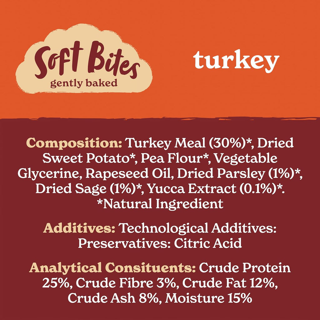 Natural Dog Treats (8 X 90G Bags) - Hypoallergenic & Grain Free Dog Treats with Turkey, Hand-Baked Soft Bites, Resealable Bags