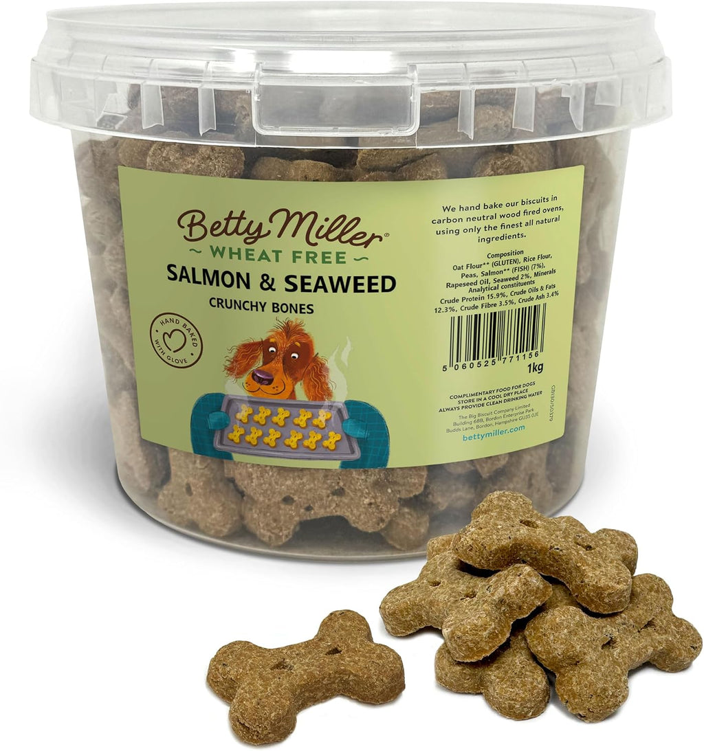 Wheat Free Dog Treats - Salmon & Seaweed Bones 1Kg - British Baked Dog Biscuits - Salmon Dog Treats