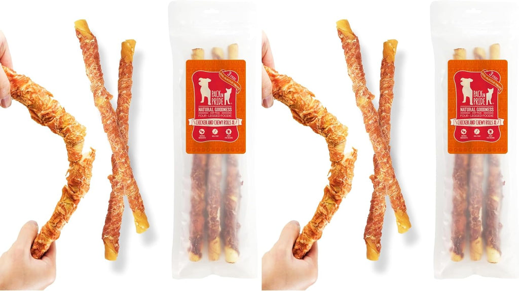 Dog Treats for Large Dogs, 2 Pack*315G (3 Sticks Included), Chicken Wrapped Rawhide Dog Chews Long Lasting, Low-Fat and High in Protein