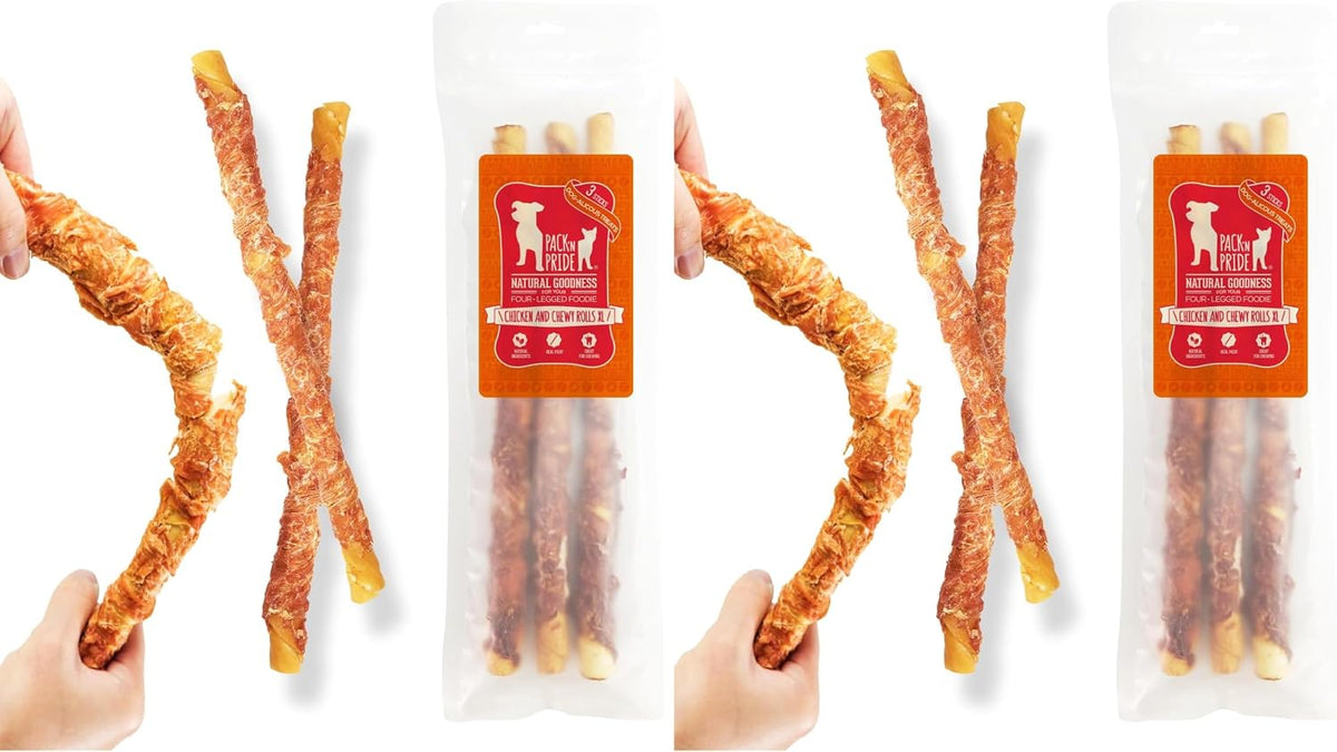Dog Treats for Large Dogs, 2 Pack*315G (3 Sticks Included), Chicken Wrapped Rawhide Dog Chews Long Lasting, Low-Fat and High in Protein