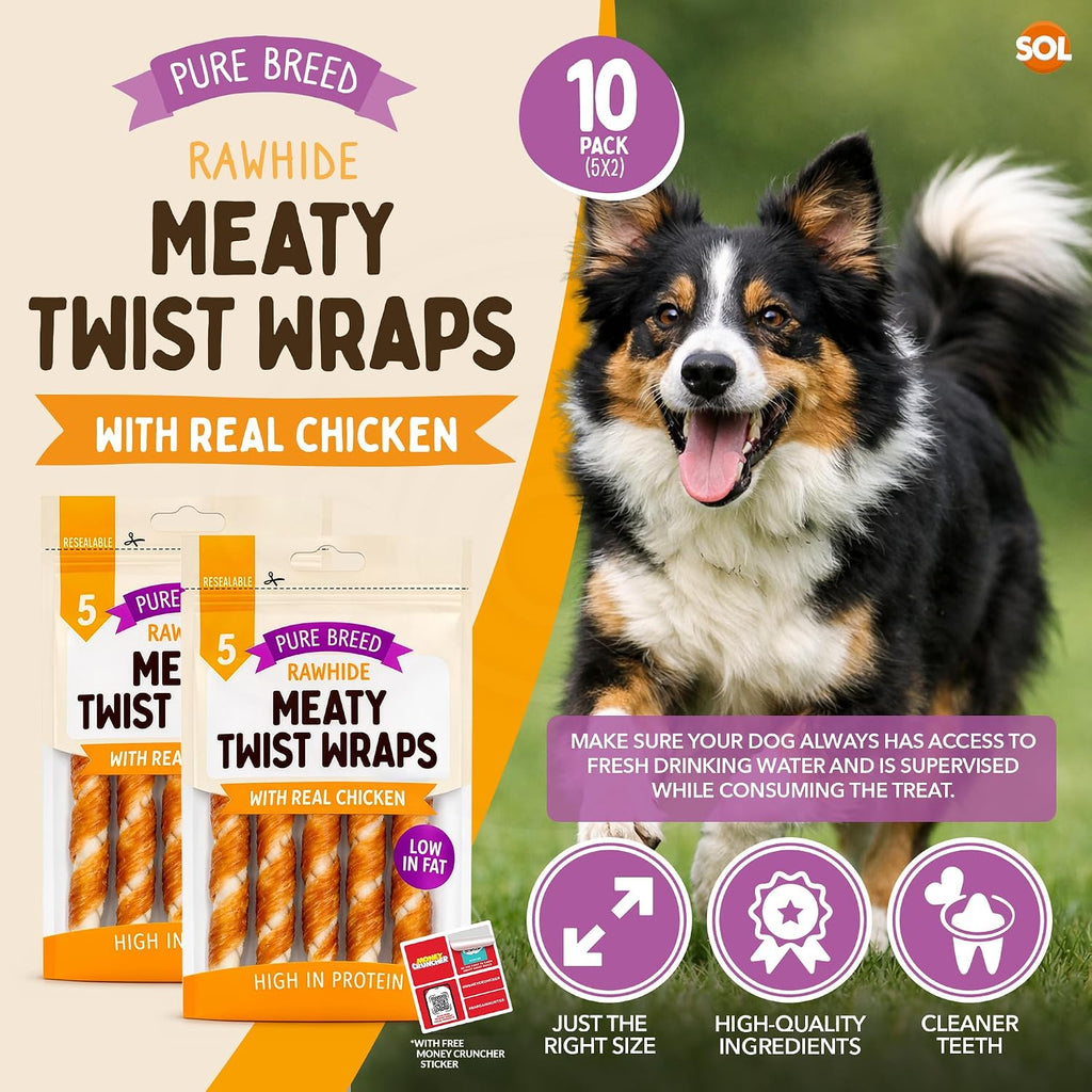 Pure Breed 10X Chicken Twists Dog Treats for Medium Dogs in 2X Resealable 50G Bags Meaty Chicken Chews Low Fat High Protein Training Pup Rewards for Travel & Walks Tasty Rawhide Chew Sticks 2Pk X 5