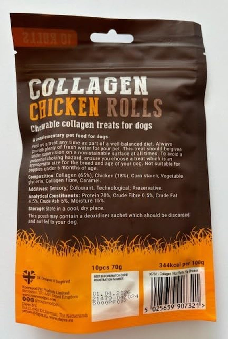 Small Collagen Chicken Rolls Dog Treats, 10 X Stick Treats (Single 70G Packet).