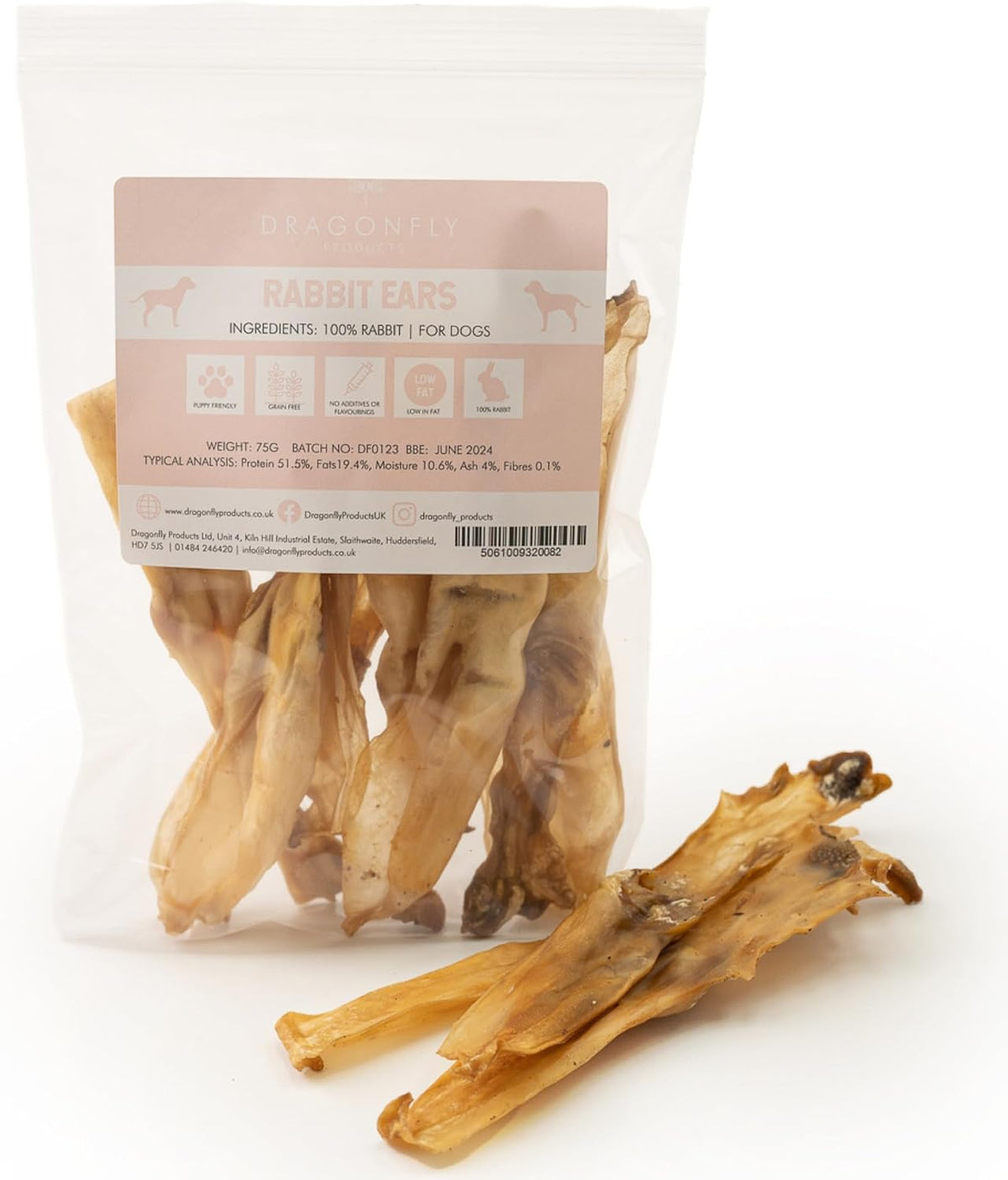 Rabbit Ears without Fur for Dogs & Puppies, Natural Chew