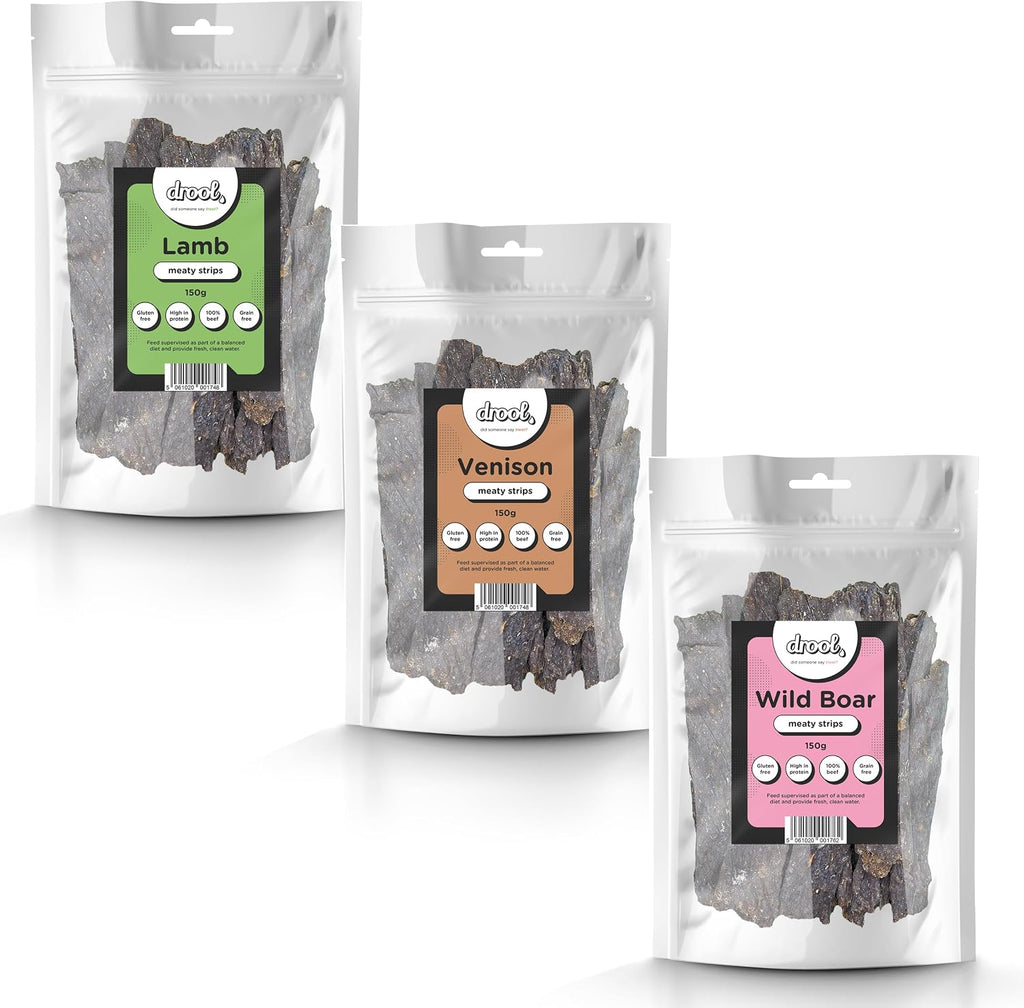 Pet Products | 100% Pure Dried Fresh Meat | Triple Pack Lamb, Venison, Wild Boar Meaty Strips for Dogs 3 X 150G | Air-Dried Nibbles Dog Chews for Dogs & Puppies