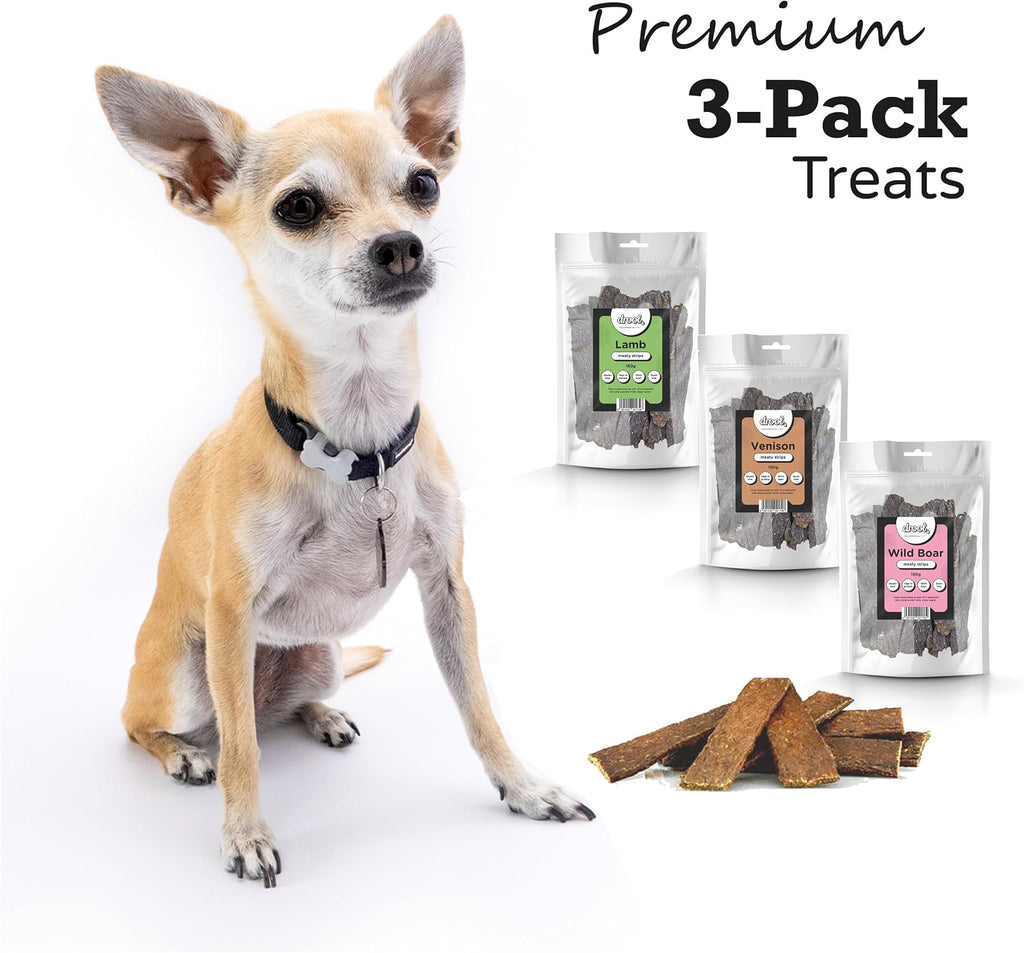 Pet Products | 100% Pure Dried Fresh Meat | Triple Pack Lamb, Venison, Wild Boar Meaty Strips for Dogs 3 X 150G | Air-Dried Nibbles Dog Chews for Dogs & Puppies