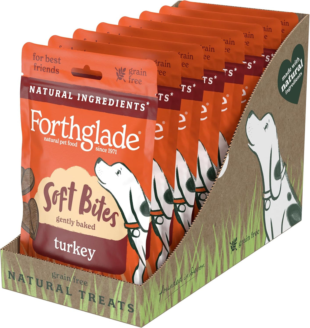 Natural Dog Treats (8 X 90G Bags) - Hypoallergenic & Grain Free Dog Treats with Turkey, Hand-Baked Soft Bites, Resealable Bags