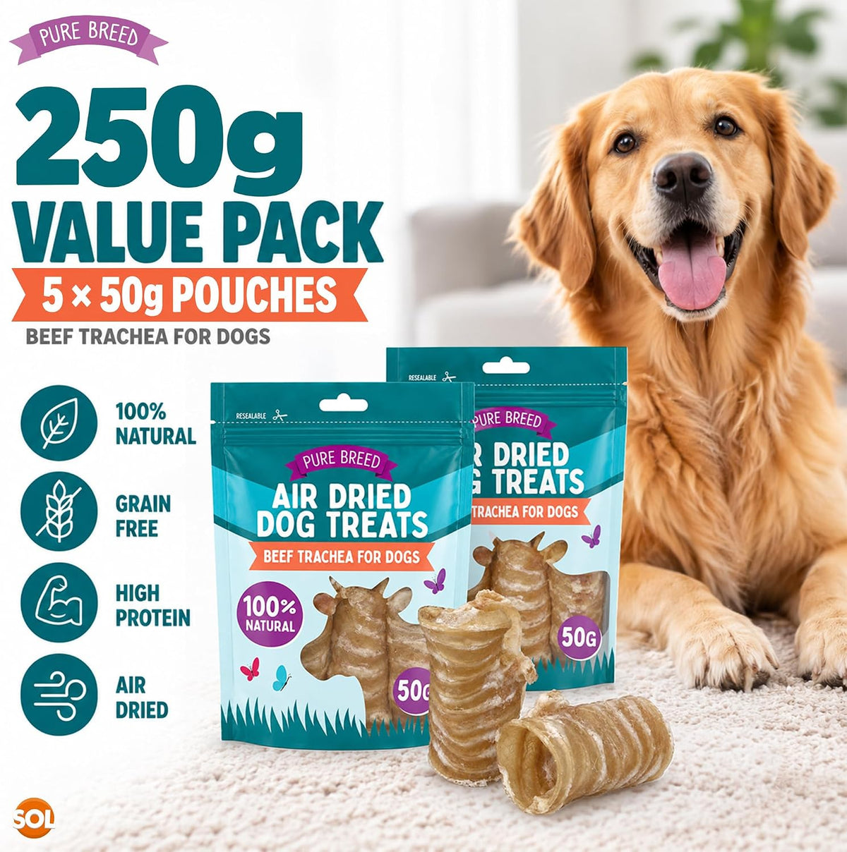 Pure Breed 5Pk Beef Trachea for Dogs Natural Dog Treats 250G