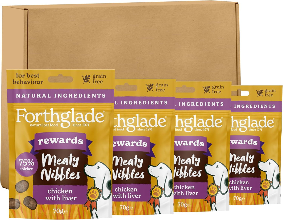 Meaty Nibbles (4 X 70G Bags) - Hypoallergenic & Grain Free Dog Treats with Chicken and Liver, Natural Dog Treats, Training Rewards with 75% Chicken