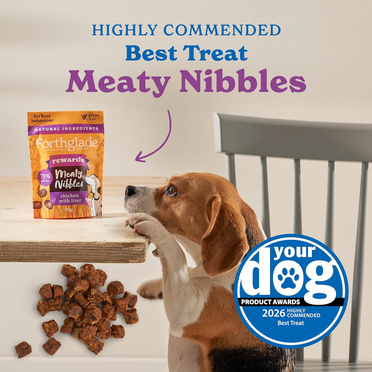 Meaty Nibbles (4 X 70G Bags) - Hypoallergenic & Grain Free Dog Treats with Chicken and Liver, Natural Dog Treats, Training Rewards with 75% Chicken