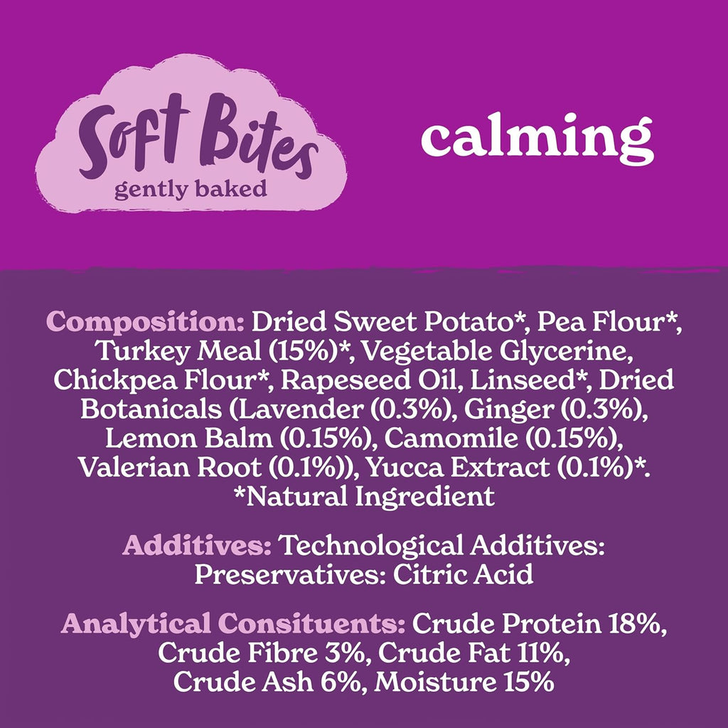 Natural Dog Treats (4 X 90G Bags) - Hypoallergenic & Grain Free Calming Dog Treats with Camomile, Lavender & Lemon Balm, Soft Bites, Resealable Bags