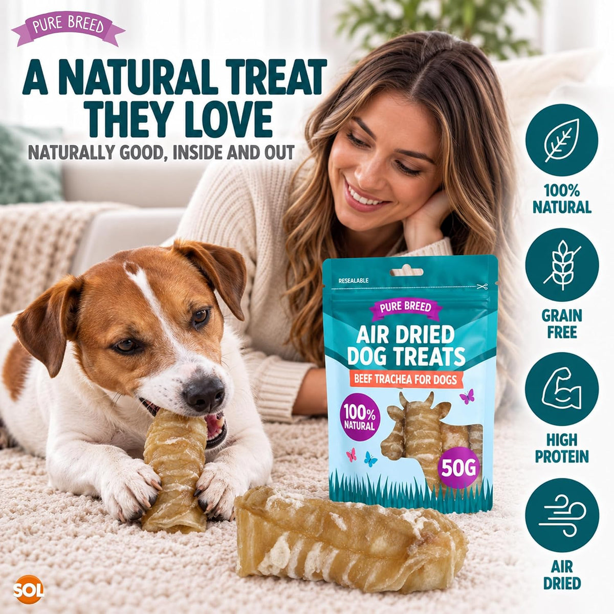 Pure Breed 5Pk Beef Trachea for Dogs Natural Dog Treats 250G