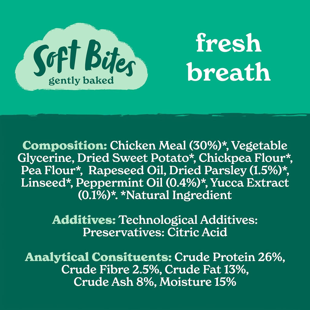 Natural Dog Treats (8 X 90G Bags) - Hypoallergenic & Grain Free Dog Treats with Chicken, Peppermint & Parsley, Fresh Breath Soft Bites, Resealable Bags