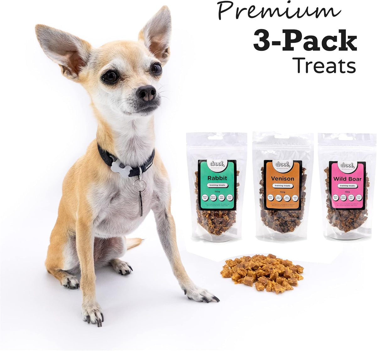 Pet Products Natural Air Dried Dog Treats | Rabbit, Venison & Wild Boar | Grain Free Healthy Training Chews for Dogs | 3 X 150G
