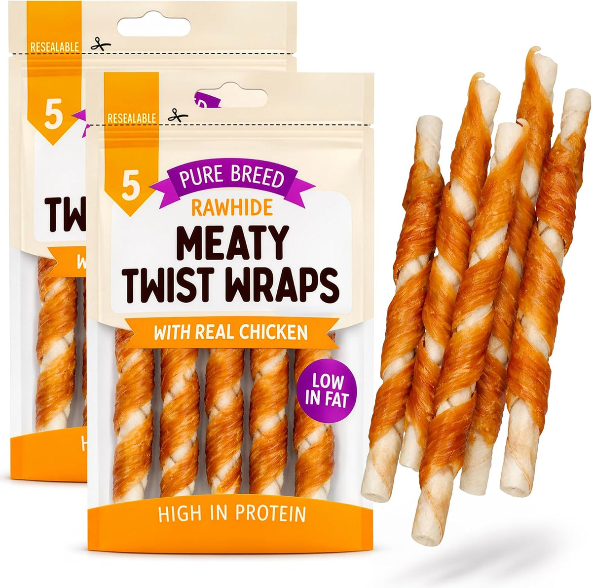 Pure Breed 10X Chicken Twists Dog Treats for Medium Dogs in 2X Resealable 50G Bags Meaty Chicken Chews Low Fat High Protein Training Pup Rewards for Travel & Walks Tasty Rawhide Chew Sticks 2Pk X 5