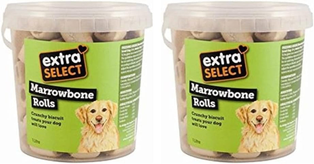 Marrowbone Rolls Dog Treat - Crunchy Biscuits & Snacks with Meaty Center - Marrow Bone Puppy Treats & Bedtime Biscuits for Dogs - 1 Litre Resealable Tub (Pack of 2)