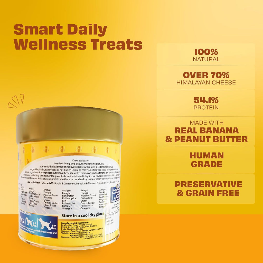 Pawfect Cheesecuits - Cheese Biscuits with Banana and Peanut Butter for Dogs Dog Treats - Grain-Free - Hypoallergenic - Rich in Antioxidants - Dog Training Treats (100G/3.53Oz)