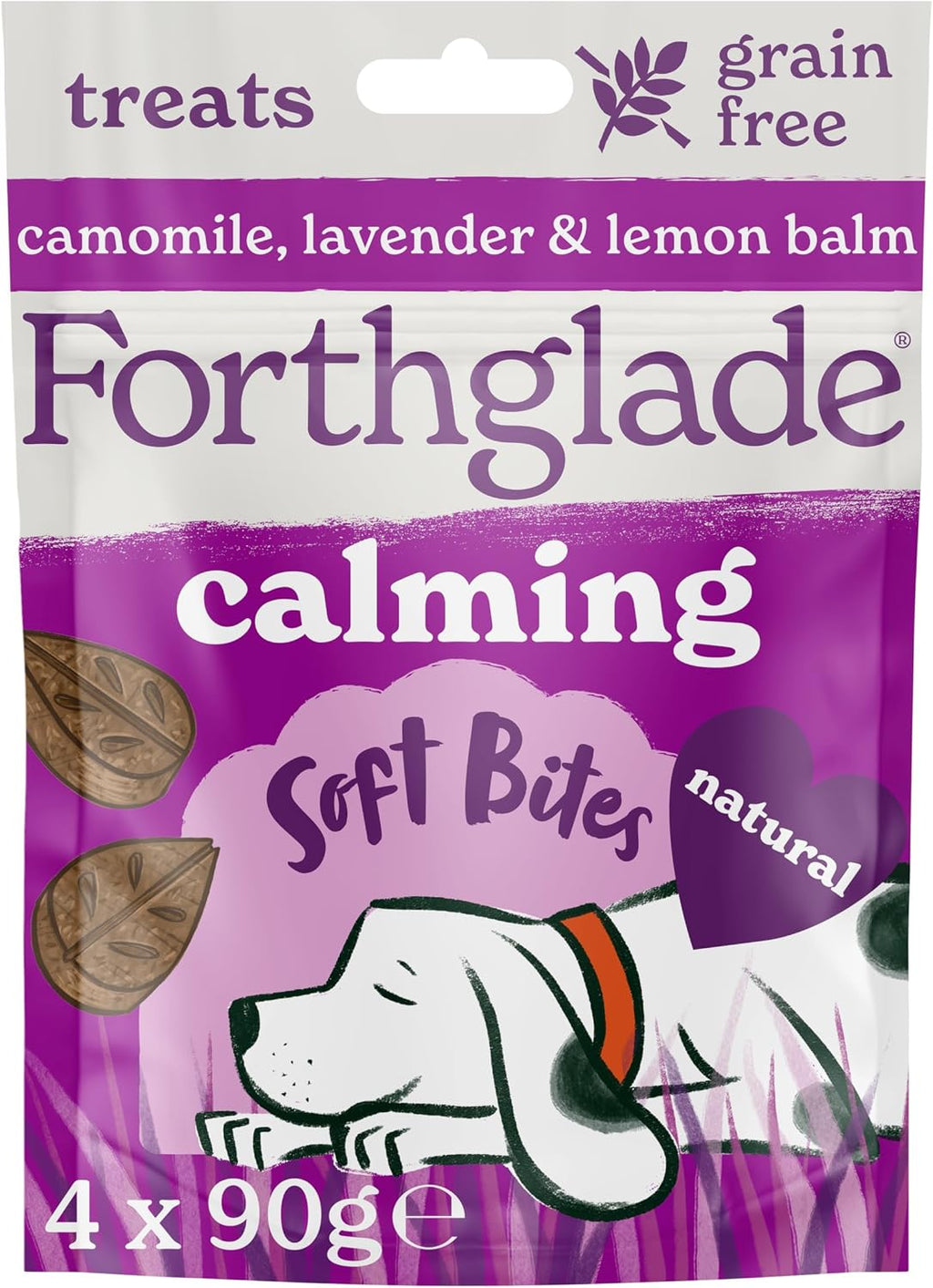Natural Dog Treats (4 X 90G Bags) - Hypoallergenic & Grain Free Calming Dog Treats with Camomile, Lavender & Lemon Balm, Soft Bites, Resealable Bags
