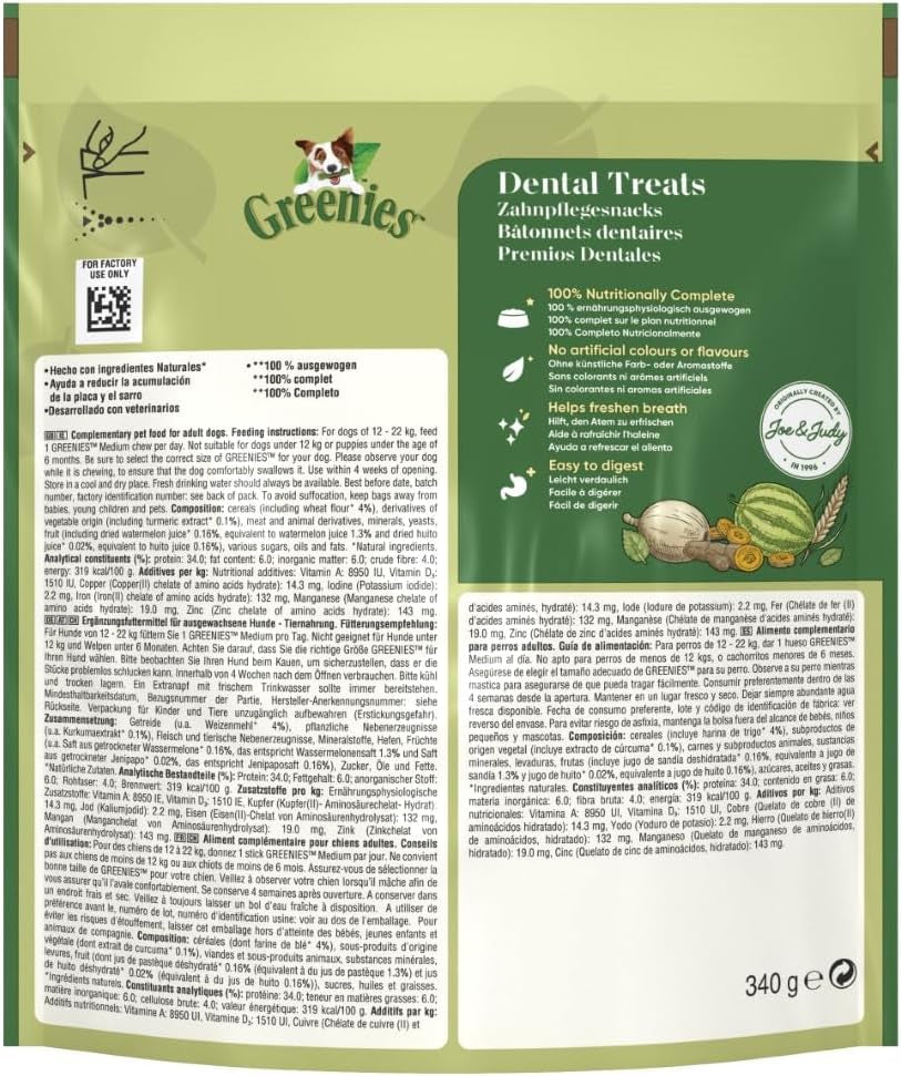 Greenies Original Adult Regular Dog Treats 12 X Dental Chews 340G (Pack of 6)