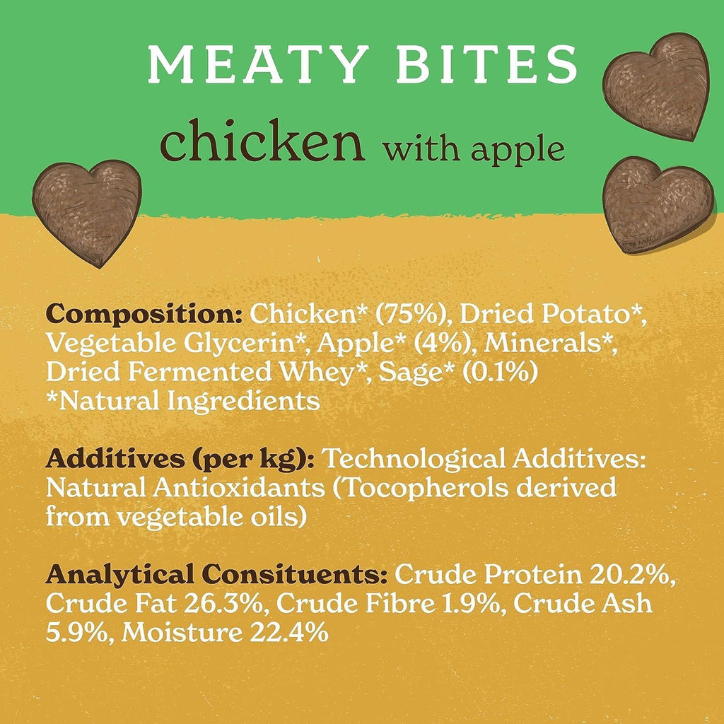 Meaty Bites (4 X 70G Bags) - Hypoallergenic & Grain Free Dog Treats with Chicken & Apple, Natural Dog Treats with 75% Chicken, Resealable Bags